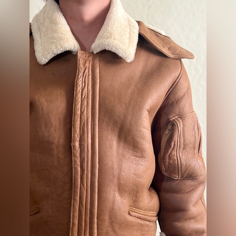 Vintage Genuine Leather Shearling Sherpa Jacket with Hood Men’s L